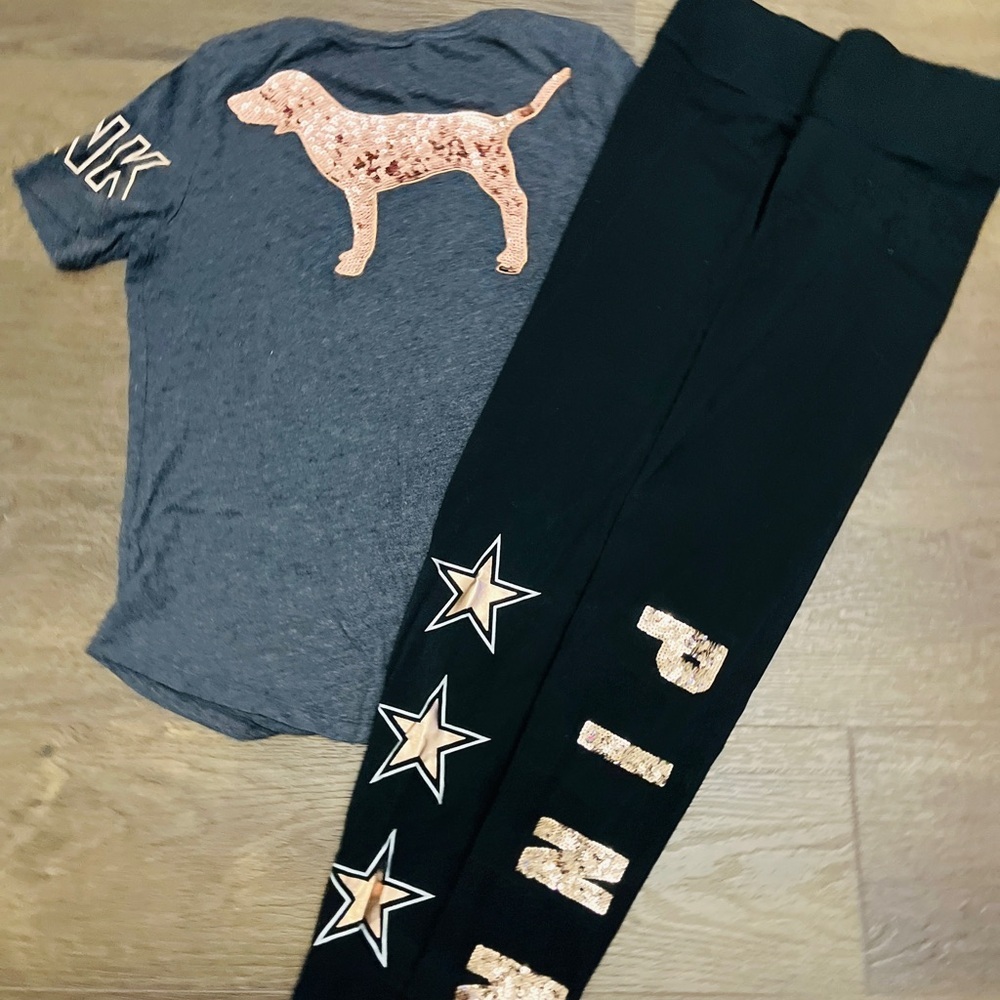 PINK Victoria's Secret bling dog tshirt/leggings outfit set S/M